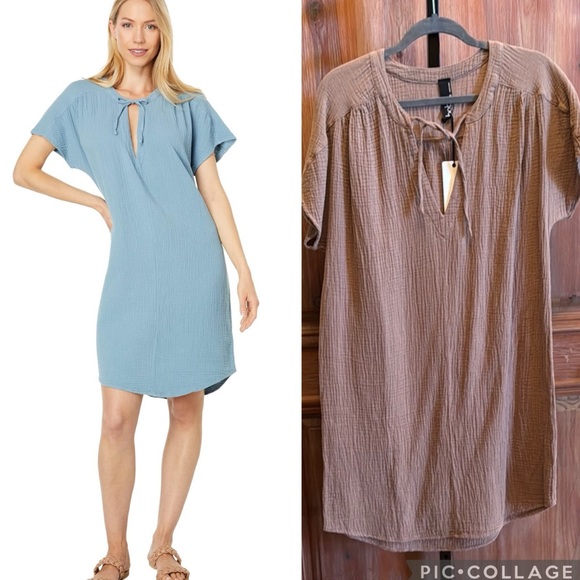 NWT bobi Cotton Brown midi dress with tie front and short sleeves - Picture 1 of 9